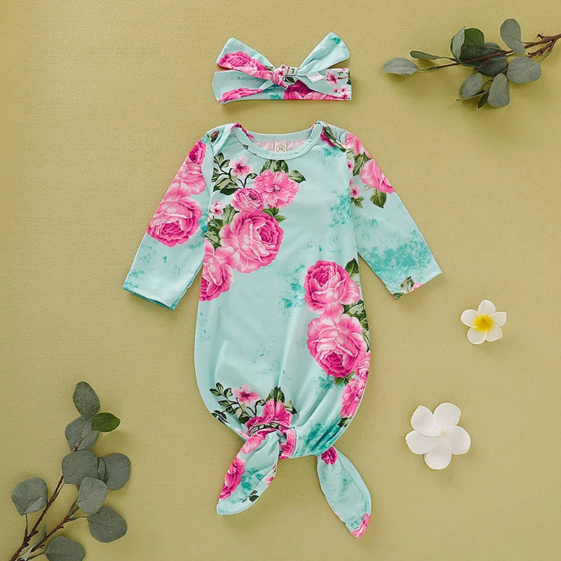 Милый новорожденный малыш хлопок длинный рукав цветочный принт унисекс Bebe мальчик девочки Боди с головной убор ребенок спальный мешок D20