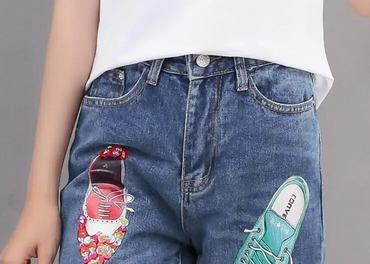 

2019 Summer 2 pieces jeans suits sequins shoes print tshirt cotton crop tops + denim pants set Women 2 pieces set