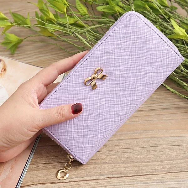 Light purple Wallets Женские кошельки мода конфеты сплошной цвет женский длинный кошелек милый сумка с бантом Сумочка для женщин деньги монета держателей карт леди кошелек - Цвет: Light purple Wallets