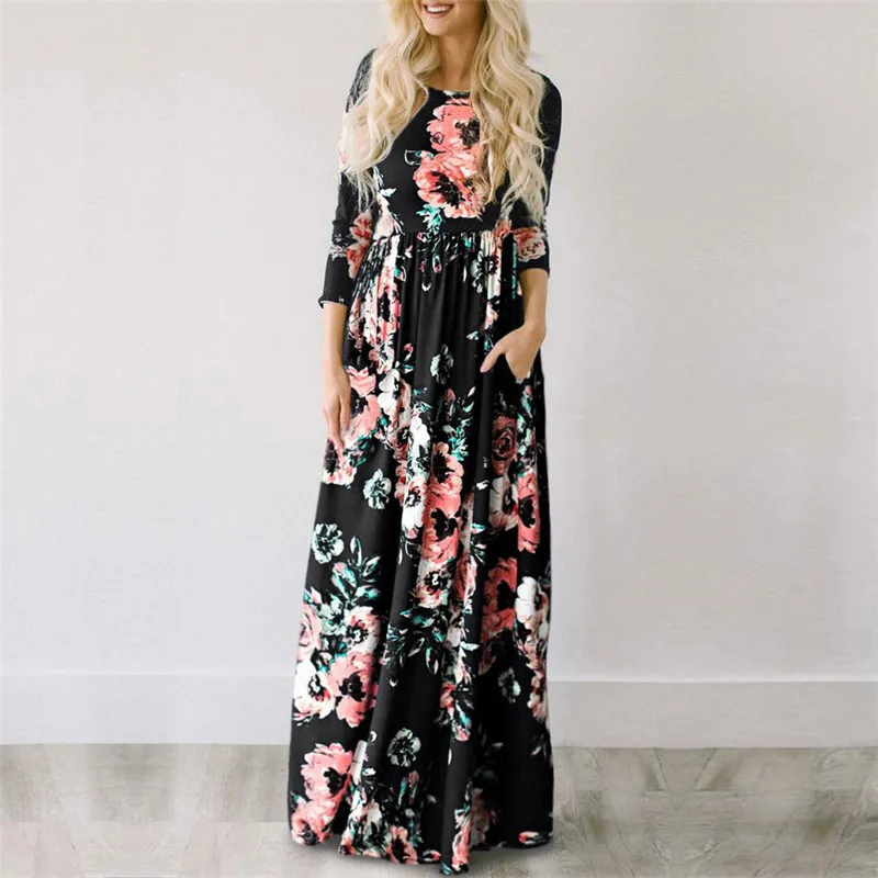 ELSVIOS 2018 Summer Floral Print Long Dress Boho Beach Tunic Maxi Women Party Sundress Vestidos Plus Size XXXL | Женская одежда