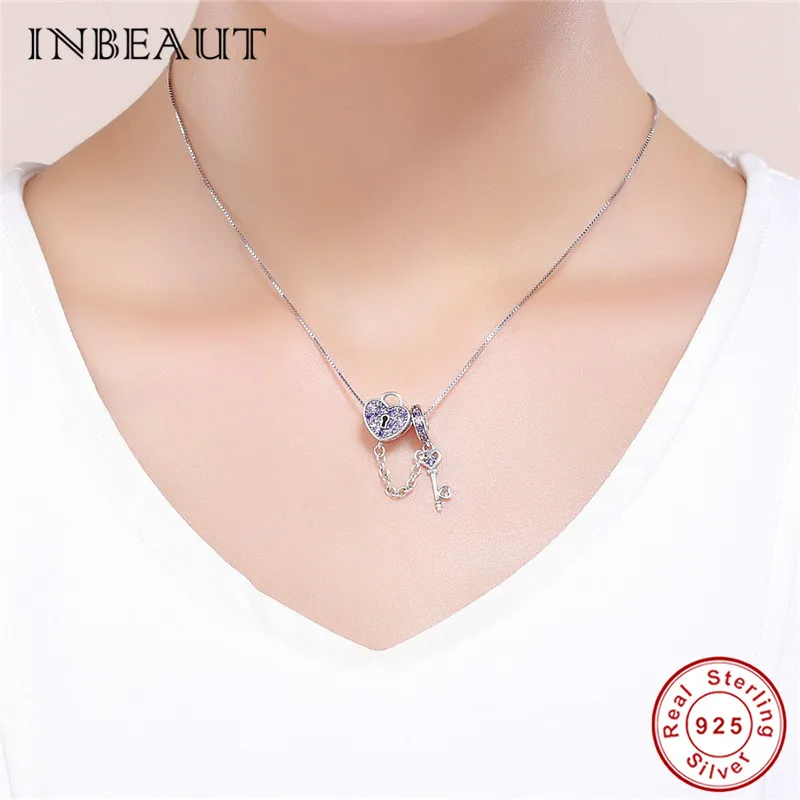 INBEAUT Foerver Love 925 пробы Серебряная цепочка для ключей с сердцем розовый и фиолетовый