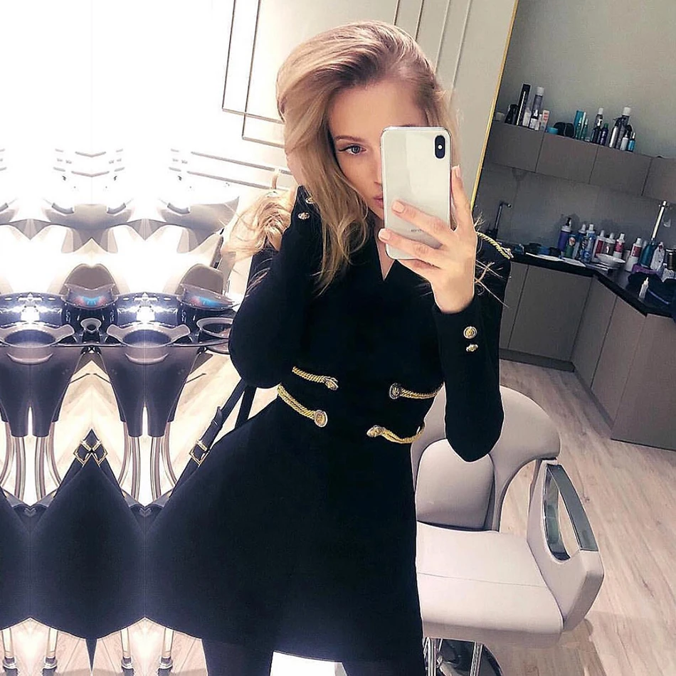 Женское короткое бандажное платье ADYCE черное с длинным рукавом и круглым вырезом