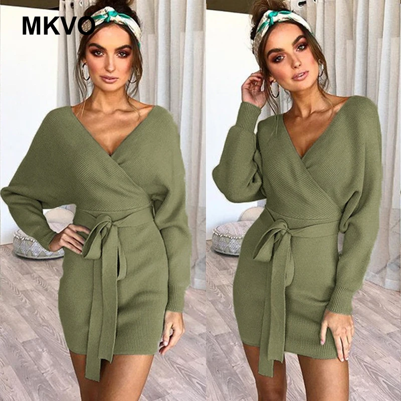 Новое Женское платье 2019 трикотажное мини повязка зимнее с v образным вырезом
