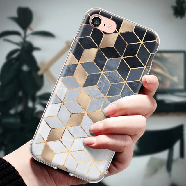 Для Iphone 4, 4S, 5, 5S, SE, 6, 6 S, 7, 8 Plus, X, XR, XS Max, мягкая задняя крышка из ТПУ с золотыми краями, геометрическим узором, мрамором, силиконовый чехол, бампер, Fundas