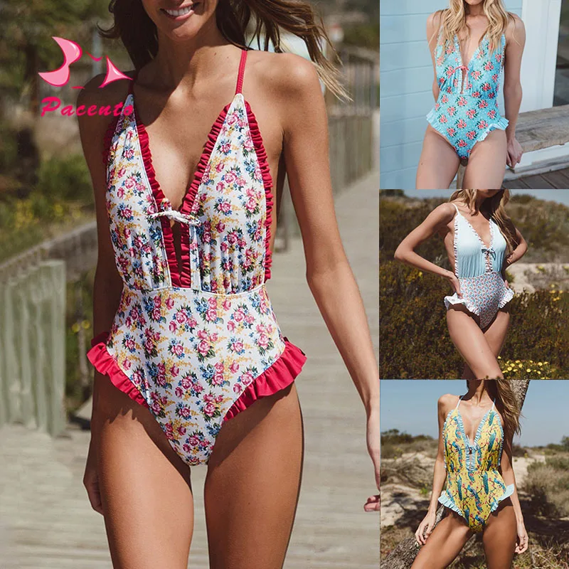Pacento One Piece-suits Floral Swimsuits Women Summer 2018 Piece Swimwear Bikini Xl Flower Maillot De Bain Femme | Спорт и