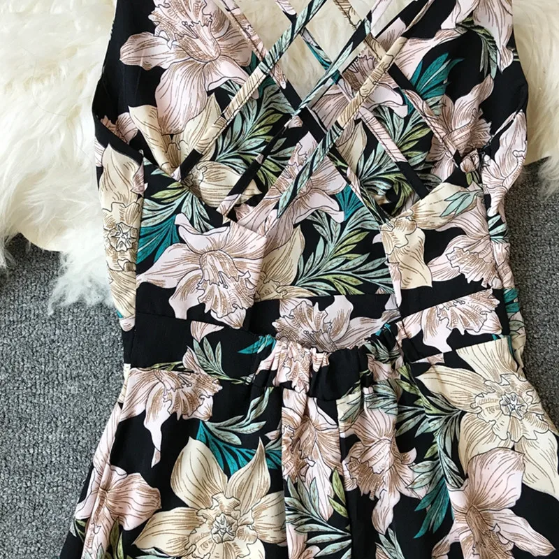 

Beach Style 2020 Summer Dress Women Sexy Back Hollow Out Print Long Dress Female High Waist V-neck A-line Dress Vestidos Mujer