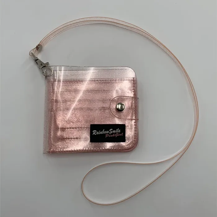 pink 1 Блестящий прозрачный держатель для карт, бумажники из ПВХ, складной короткий кошелек на шнурке, Модный женский блестящий чехол для визиток, кошелек - Цвет: pink 1