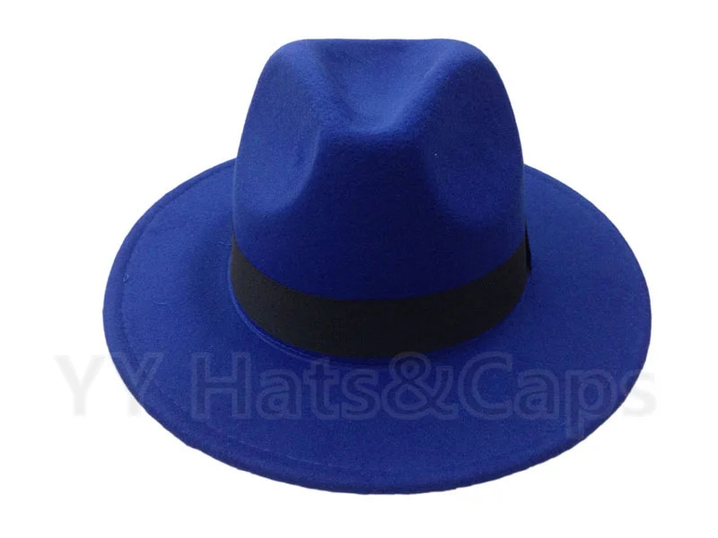 Blue wool jazz hat 14 цветов шерстяные шляпы Трилби для мужчин и женщин Винтажная фетровая шляпа Панама Шляпы с черной лентой los sombreros de ala de lana YY0399 - Цвет: Blue wool jazz hat