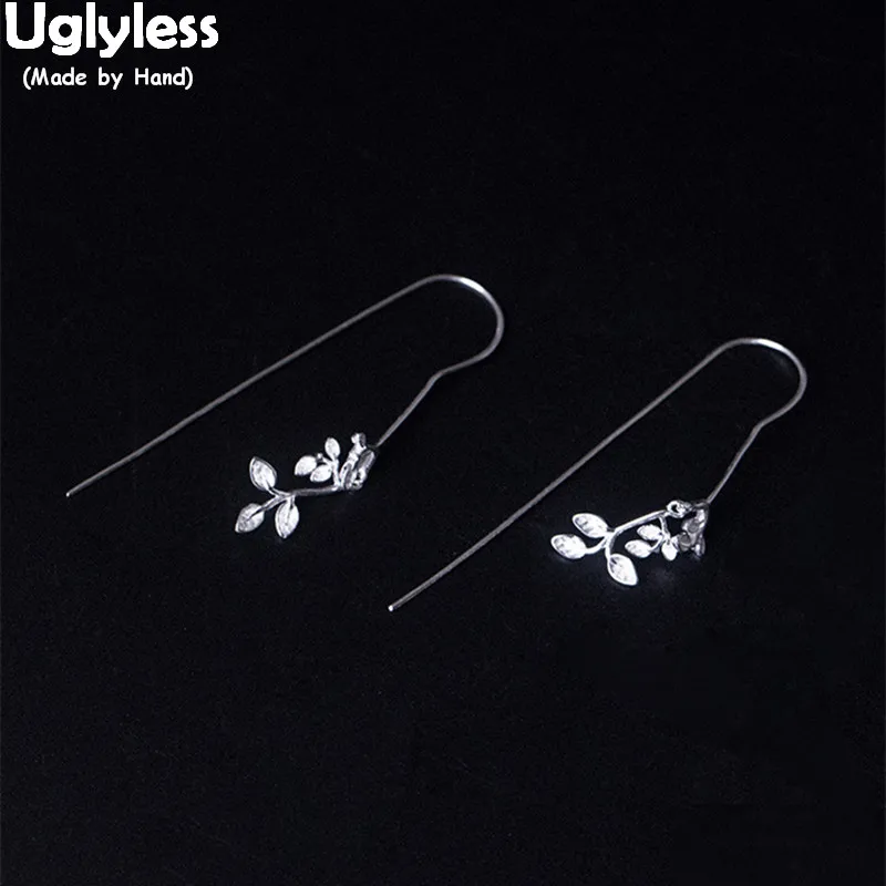 

Uglyless 100% Real Solid 925 Sterling Silver Handmade Leaves Long Ear Lines for Women Ethnic Leaf Earrings Branch Brincos Bijoux