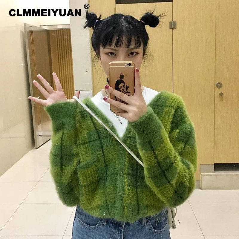 Harajuku Зеленый Клетчатый укороченный свитер для женщин 2018 осень зима винтажные