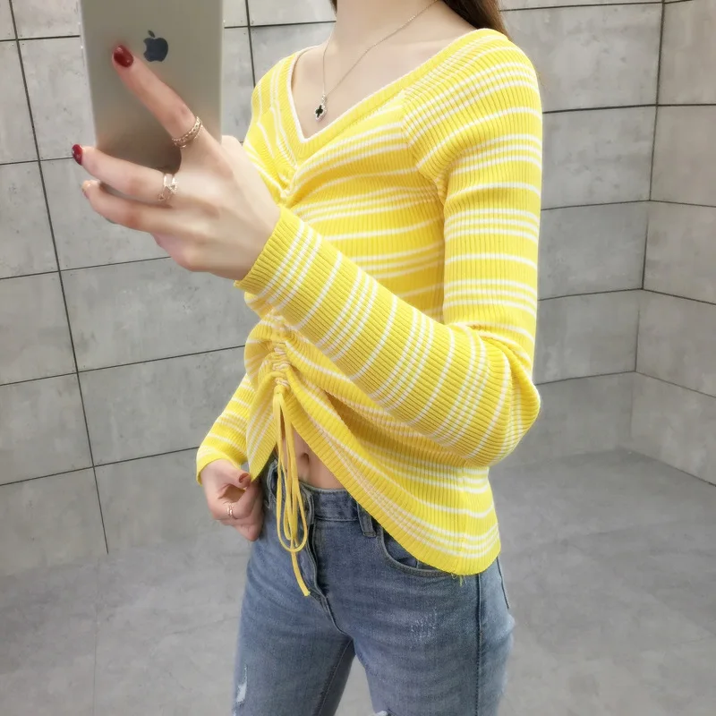 Sweater Women Autumn New Fashion Lady Loose Striped Knitted V-neck Pullover Bandage Elastic | Женская одежда