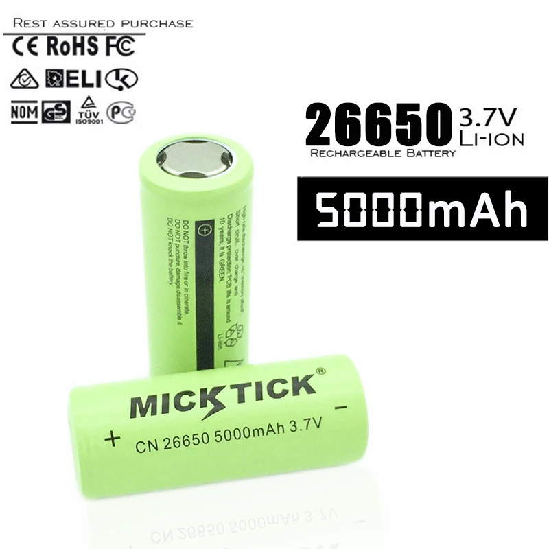 2 шт 3,7 V 26650 5000 мА/ч, micktick Батарея батарейки литий ионная батарея Перезаряжаемые большой Ёмкость T6 Фонарик светодиодный