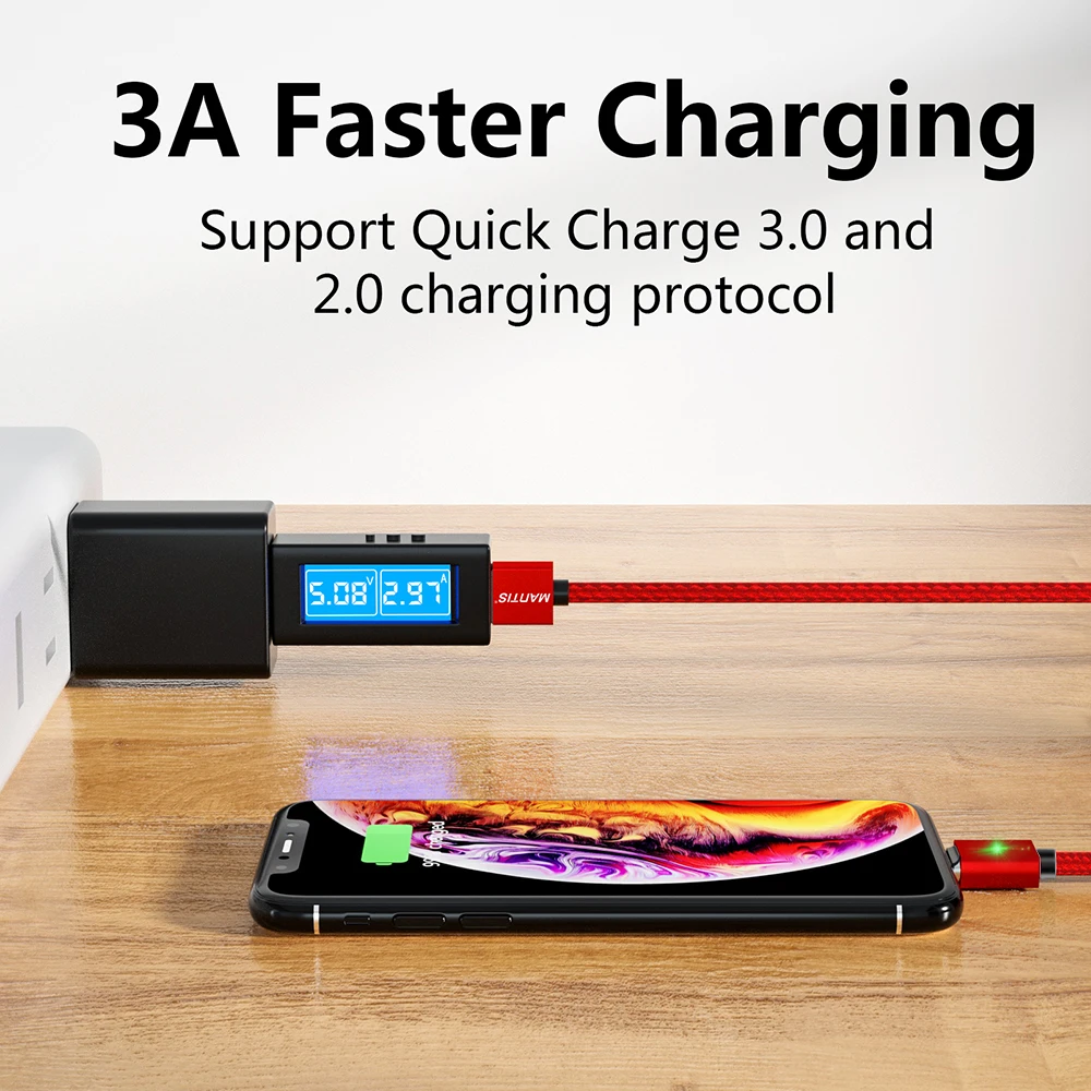 Магнитный кабель MANTIS 3A для Iphone Xs Max Xr X 8 7 6 6s 5 5s Se Ipad Mini Quick Charge 3 0 LED Usb быстрой зарядки