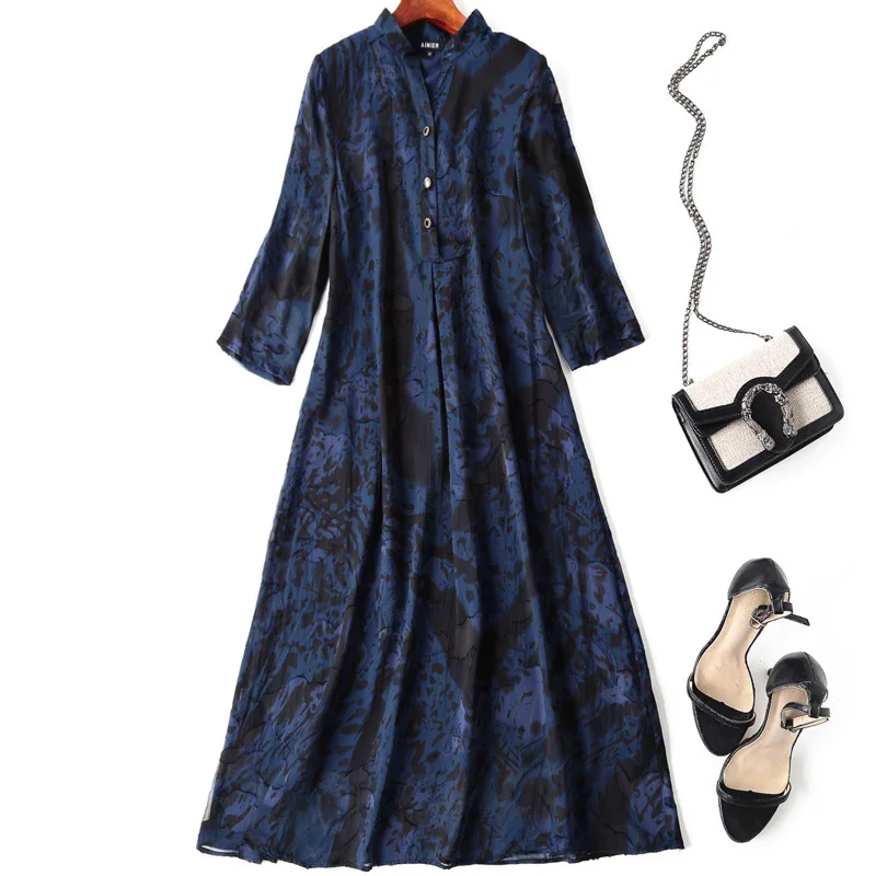 

High Quality Brand New Elegant 50s 60s Dress Women Stand Neck Vintage Print 3/4 Sleeve Mid-Calf Length Dark Blue Green Dress 4XL