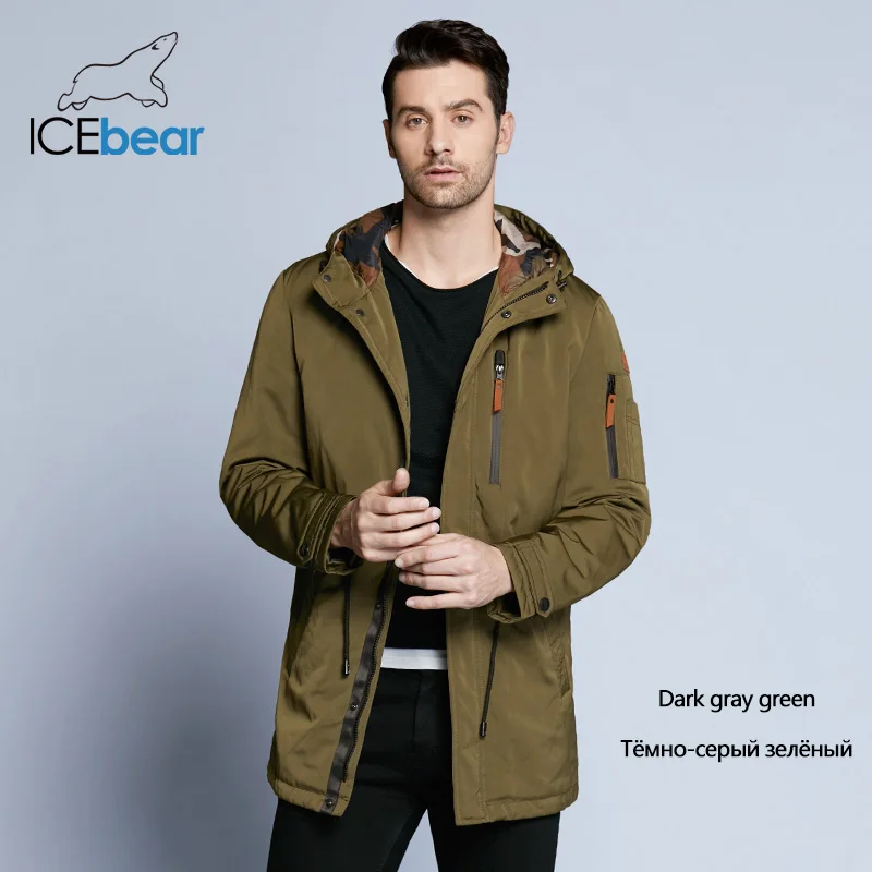 M849 dark gray green ICEbear Пальто Для Мужчин Регулируемый Пояс Шляпа Съемная Осень Мужчины Случайный Средней Длины Пальто Куртки 17MC017D - Цвет: M849 dark gray green