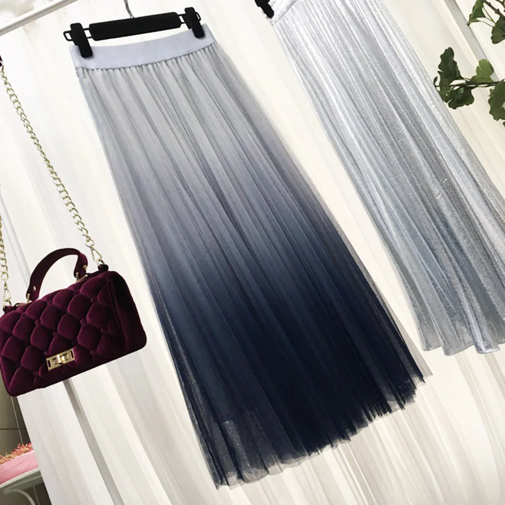 Длинные юбки из тюлевой ткани женские градиентные элегантные с высокой талией 2019