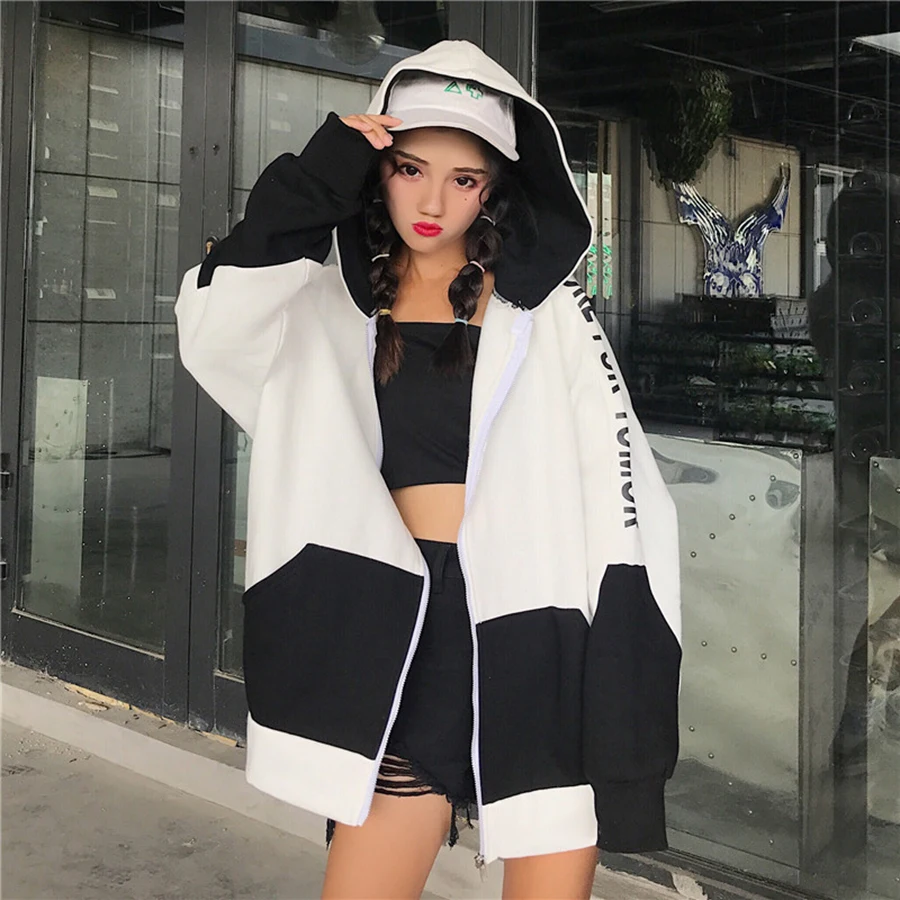 Harajuku толстовка с капюшоном летучая мышь Женская Повседневная Уличная на молнии в