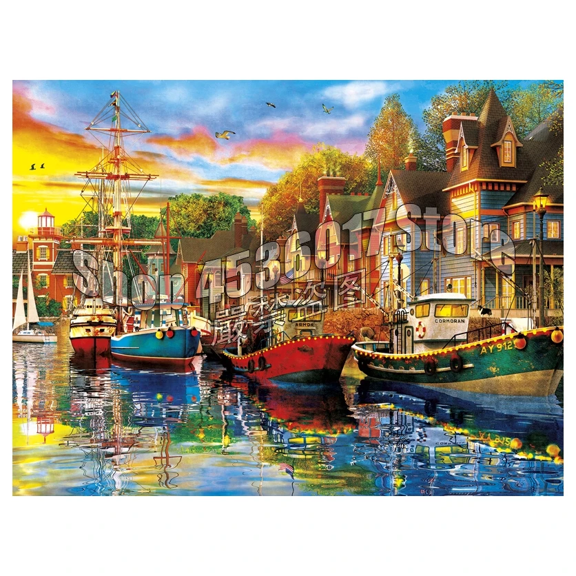 Full 5D DIY Diamond Painting Harbor Lights Embroidery Cross Stitch Rhinestone Mosaic Boats Sunrise Sunset Home Decor Gift