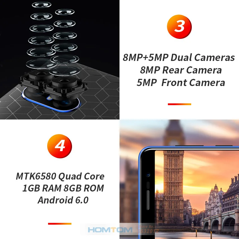 HOMTOM S12 5 0 дюймов 18:9 полный Экран смартфон 2750 мАч 1 Гб + 8 MTK6580 Quad core 8MP двойной камеры