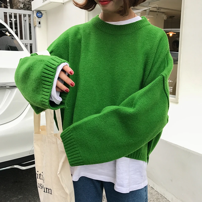 Autumn Loose Short Sweaters for Women Knitwear Pullover Lady's Casual Round Neck Wide Sleeve Split Knit Jumper Cropped Sweater | Женская