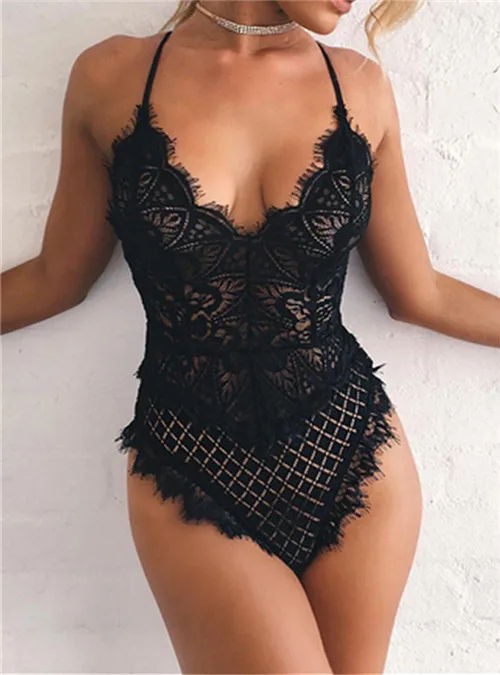 EIE sheer lace bodysuit women backless transparent mesh bow sexy jumpsuit catsuit straps bodysuits Thong Hot sale - Цвет: Черный