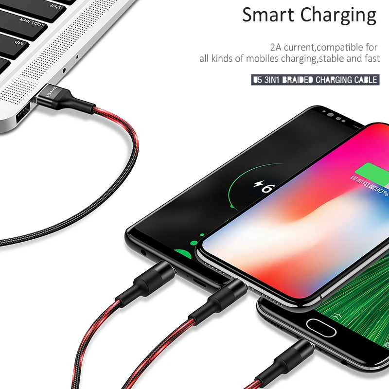USAMS 3 в 1 USB кабель Тип C для Samsung s9 plus Micro зарядный iPhone X 8 7 6s Plus 5 5S SE 5c | Мобильные