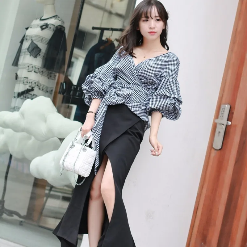 TWOTWINSTYLE Bow Plaid Shirt Female V Neck Lantern Sleeve Lace Up High Waist Pullover Shirts Fashion Spring Sweet Clothing |