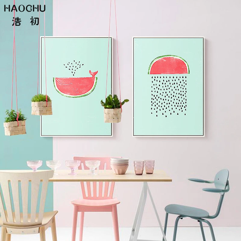 HAOCHU акварель японский мультфильм Фрукты Арбуз Кит Холст Картина плакат