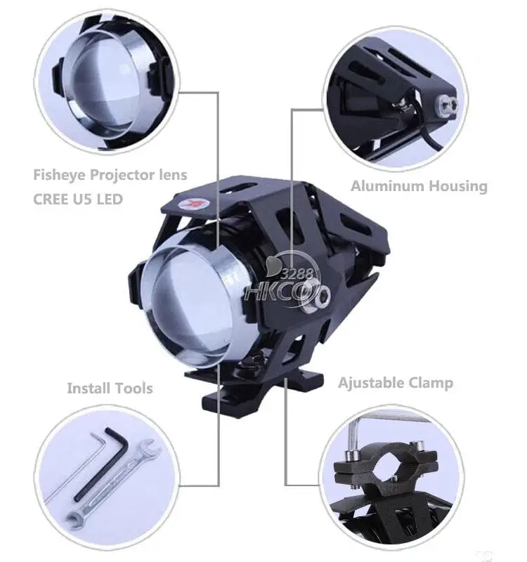 Черный U5 Светодиодный прожектор для мотоцикла Honda Yamaha BMW Kawasaki Suzuki KTM велосипедный
