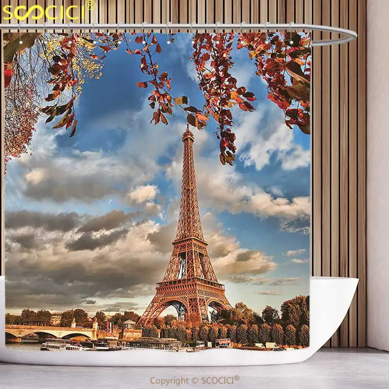 Декоративная душевая занавеска с изображением Эйфелевой башни и лодки|shower curtain