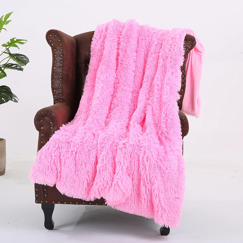 Pink 1 шт. длинное лохматое мягкое одеяло из искусственного меха однотонное зимнее теплое уютное одеяло для дивана s подарок с пушистой шерпой - Color: Pink