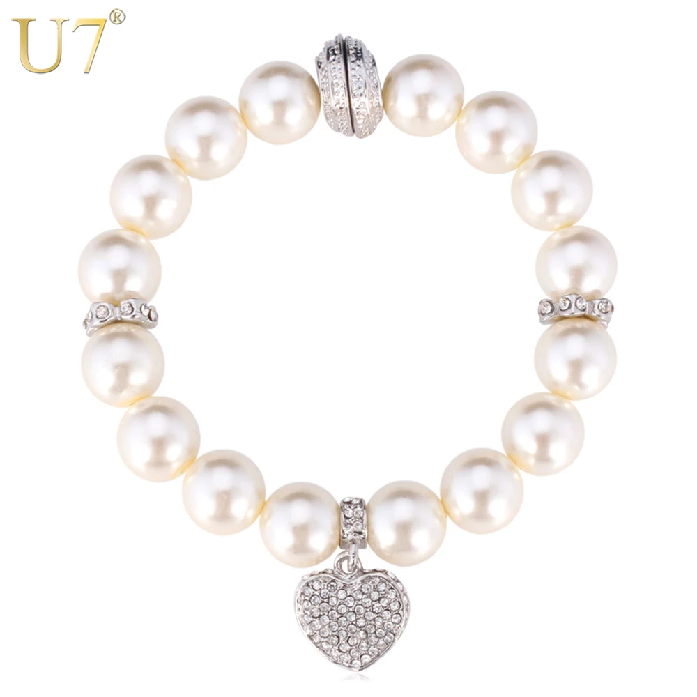 

U7 White Pearl Bracelet Trendy Round Pearl Rhinestone Heart Jewelry Gift Women Strand Pink Bracelets H567