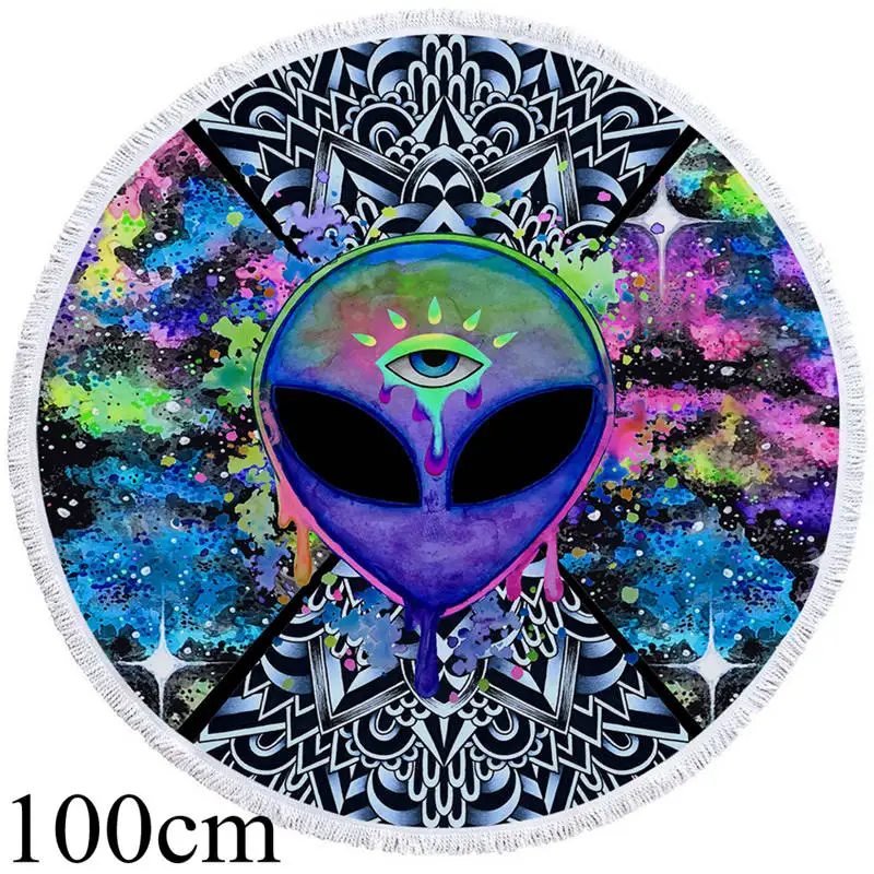Towel 100cm Trippy Alien by Brizbazaar круглое пляжное полотенце акварельный гобелен блюдце глаз Toalla банное полотенце с кисточкой 150 см коврик с мандалой - Цвет: Towel 100cm
