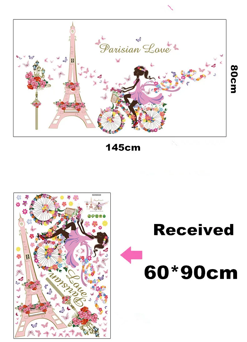 Top 145*80cm Beautiful Butterfly Flowers Girl Wall Sticker Home Decor for Girls Room Romantic Love Eiffel Tower Mural Decal | Дом и сад