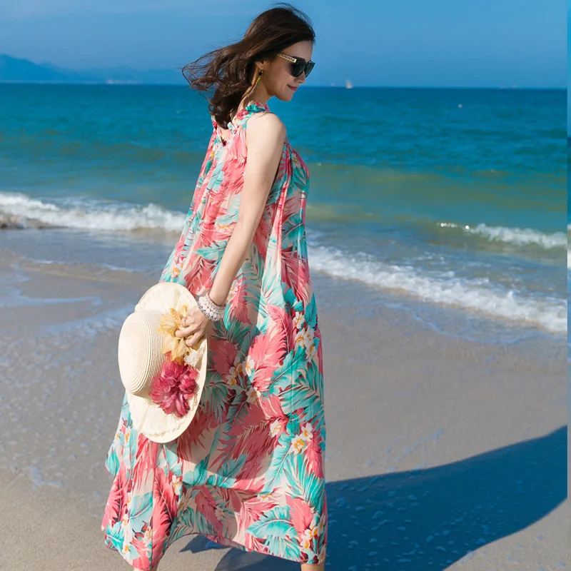 

New Elegant Beach Holiday Women Bohemian Print Gowns Full High Quality Chiffon Fabric Dresses Women Casual Dress Vestidos 3091