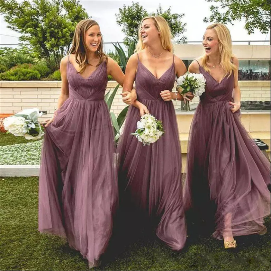 

Charming Long Tulle Bridesmaid Dress 2019 Spaghetti Strap A Line Pleat Floor Length Summer Wedding Party Gowns Cheap Custom Made