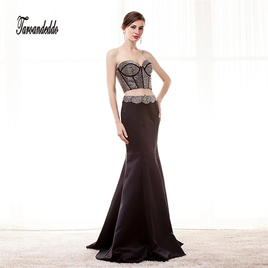 Бисером Выпускные платья черные атласные вечерние Двойка рукавов Длинные