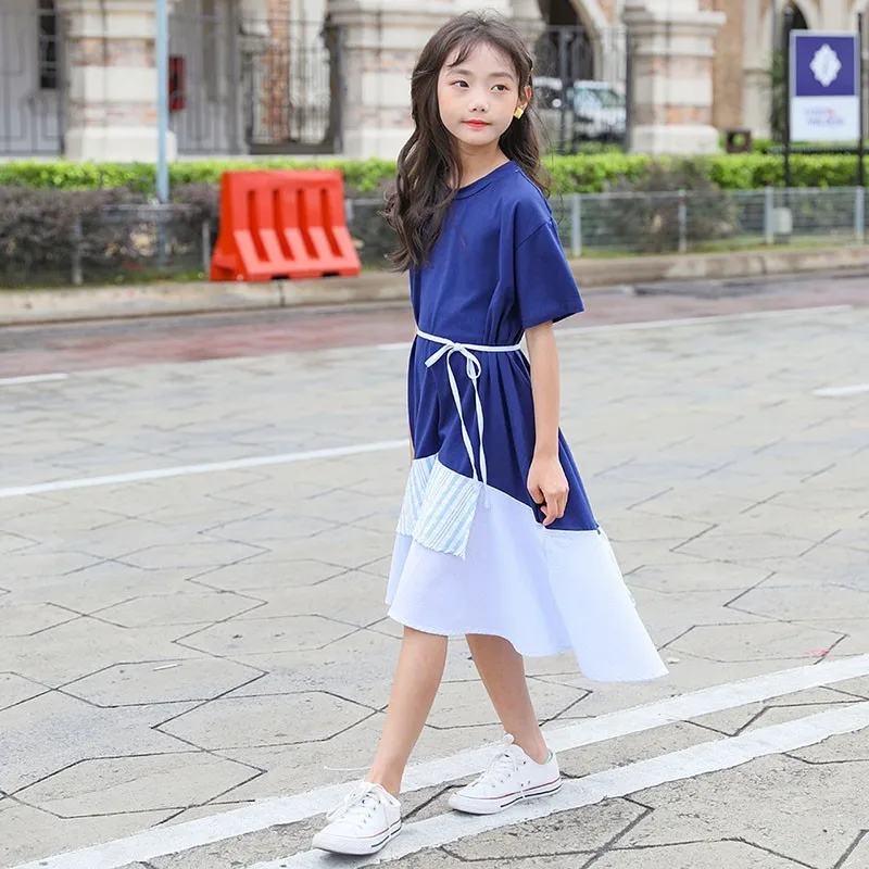England Style White Blue Ruffles Patchwork A Line Dresses For Baby Big Girls Belt Knee Length Cotton Summer Party Dress Clothes | Детская