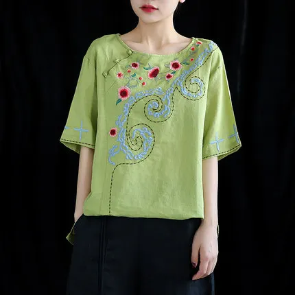 Фото Buykud женские блузки 2019 вышивка короткий рукав круглый воротник OL рубашка рами Buykud женские блузки 2019 вышивка короткий рукав круглый воротник OL рубашка рами
