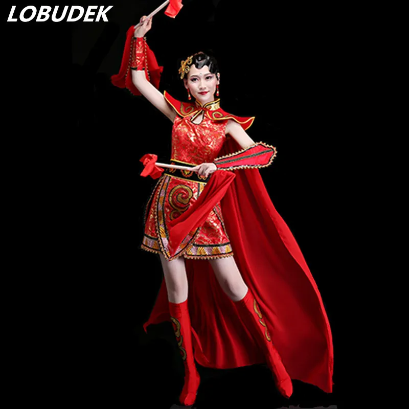 

Женский танцевальный костюм красного цвета в китайском стиле, танцевальный костюм для выступлений, современные танцевальные костюмы для д...