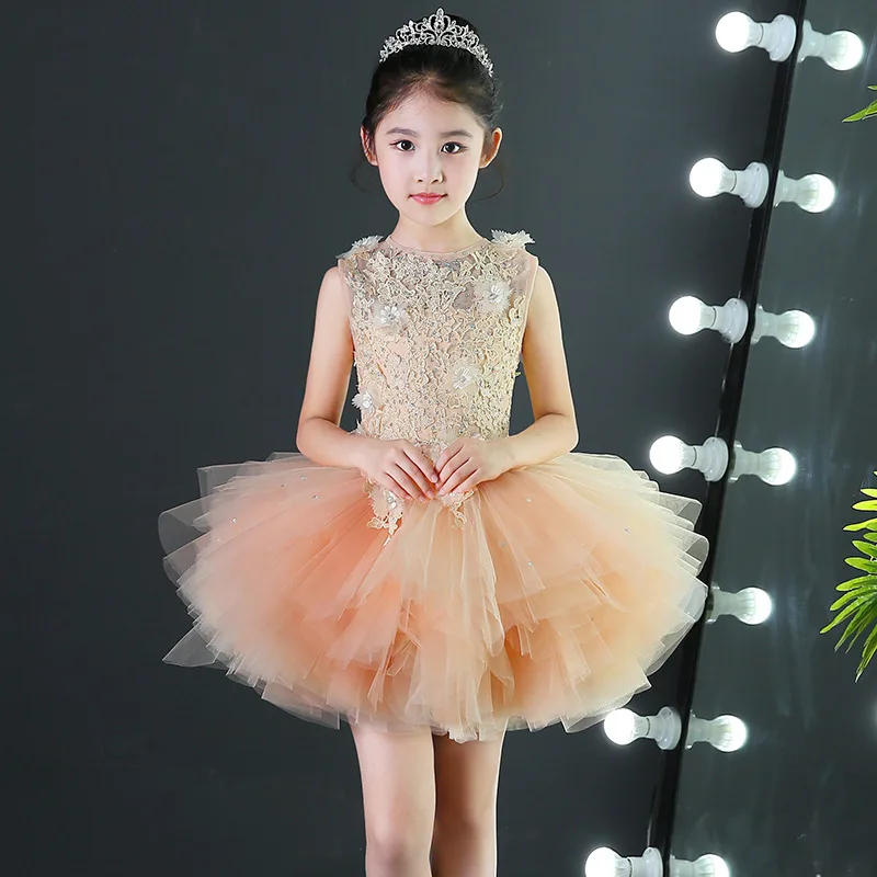 champagne dress Изготовленное на заказ роскошное серое платье для торжеств детское бальное платье для дня рождения, свадьбы, вечеринки платья для девочек, украшенные кристаллами, с цветочным узором, с длинным шлейфом - Цвет: champagne dress