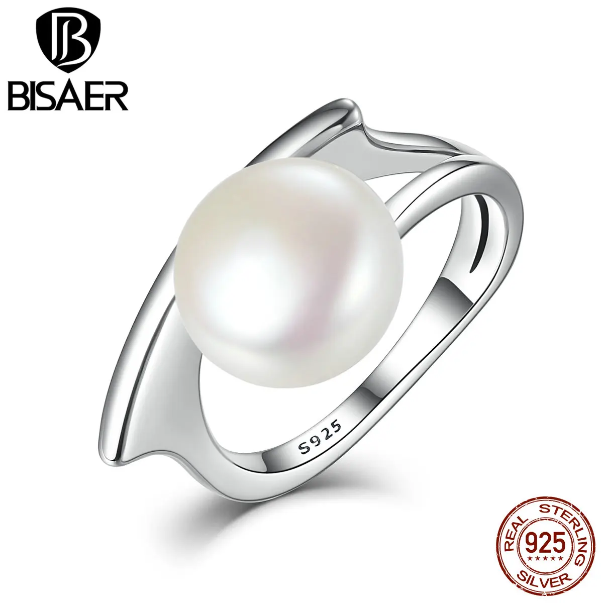 BISAER, настоящее 925 пробы Серебряное женское кольцо с пресноводным культивированным жемчугом, Женское Обручальное кольцо, обручальное кольцо, ювелирное изделие, S925