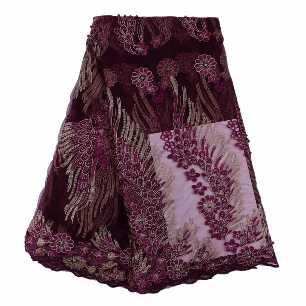 Фиолетовый бисером кружевной ткани с золотым кружевом embroiderey и бусы Крыло узором