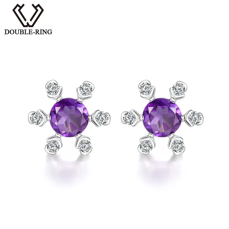 

DOUBLE-R Natural Amethyst Gemstone 925 Silver Sterling Lovely Flower Stud Earrings For Grils CASE00711C