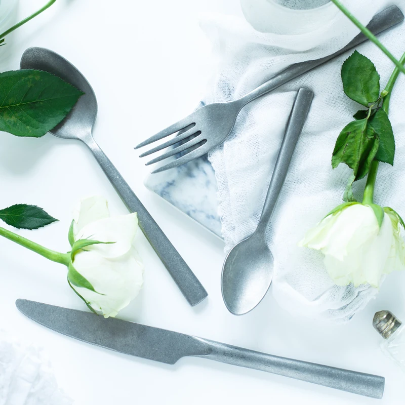 4 pcs of Handmade Brushed retro old stainless steel European knife and fork set Western | Дом и сад