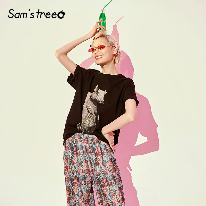Samstree, хлопок, мультяшный принт, женские футболки, модные, круглый вырез, большие размеры, женские футболки, топы, лето, черная основа, женская футболка