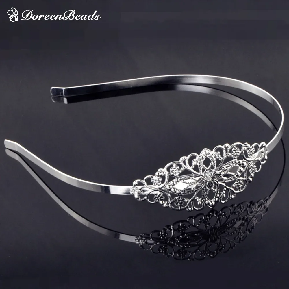 Повязка на голову DoreenBeads из сплава овальная серебристая с полым цветочным узором