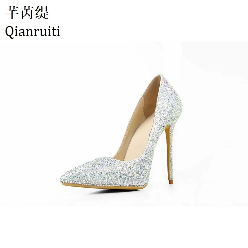 Qianruiti/серебристые женские туфли на высоком каблуке украшенные стразами