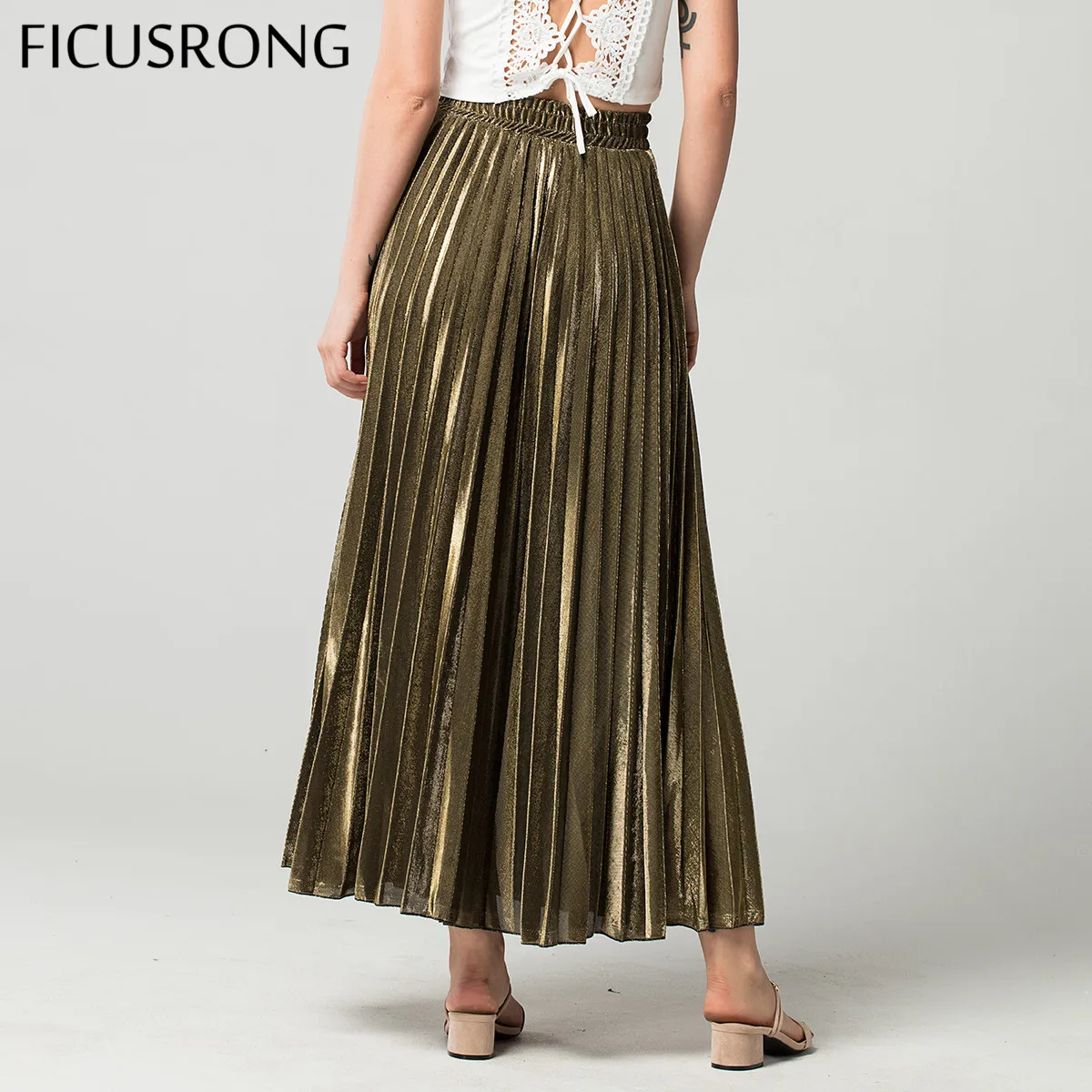 Spring Skirts Golden High Waist Slim Pleated Skirt Women's Simple Autumn A-line Streetwear Beach FICUSRONG | Женская одежда