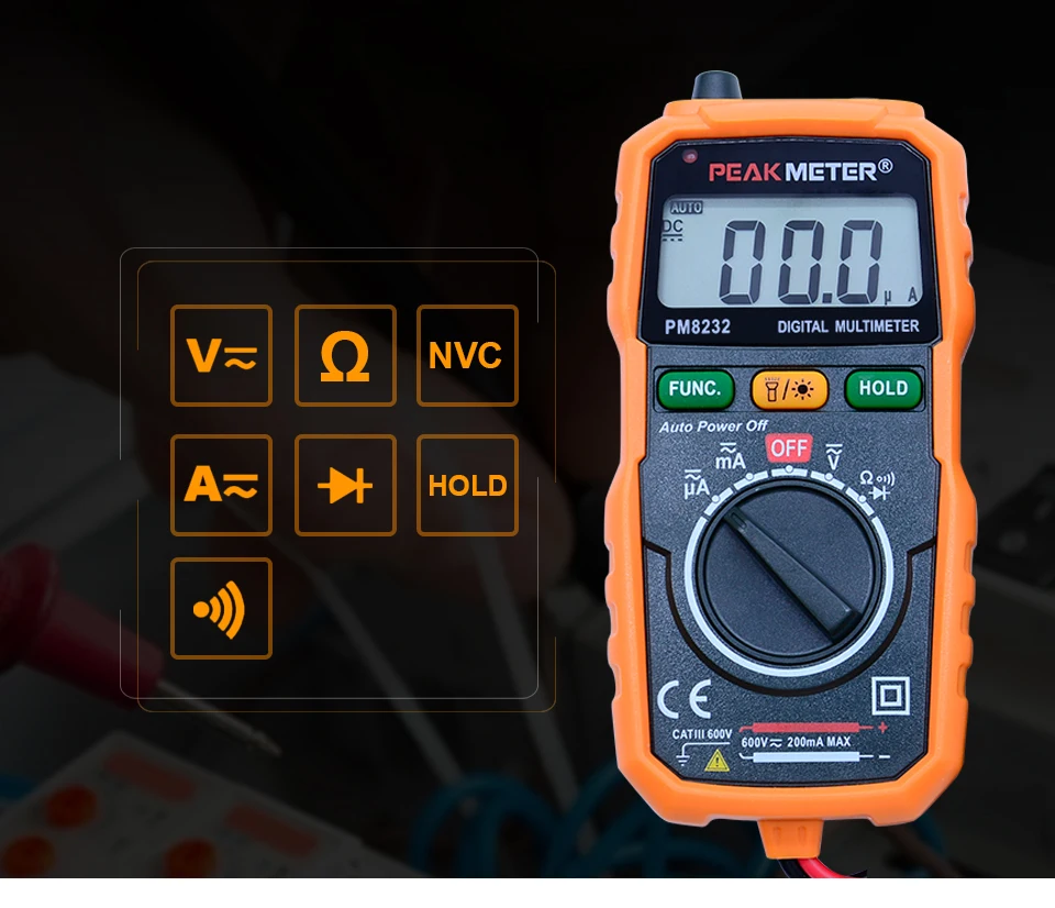 Peakmeter ms8232 Бесконтактный цифровой мультиметр DC/AC Напряжение Ток Тестер Авто Мощность OFF цифровой мультиметр тестер
